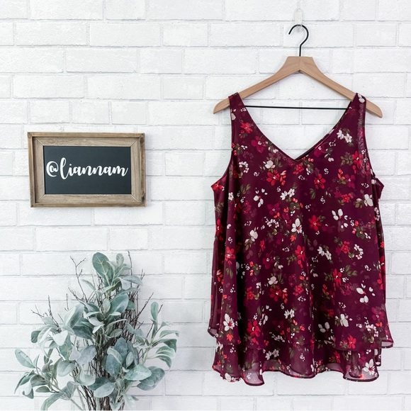 Lane Bryant Tops - LANE BRYANT Maroon Flowered Double Layer Tank Top